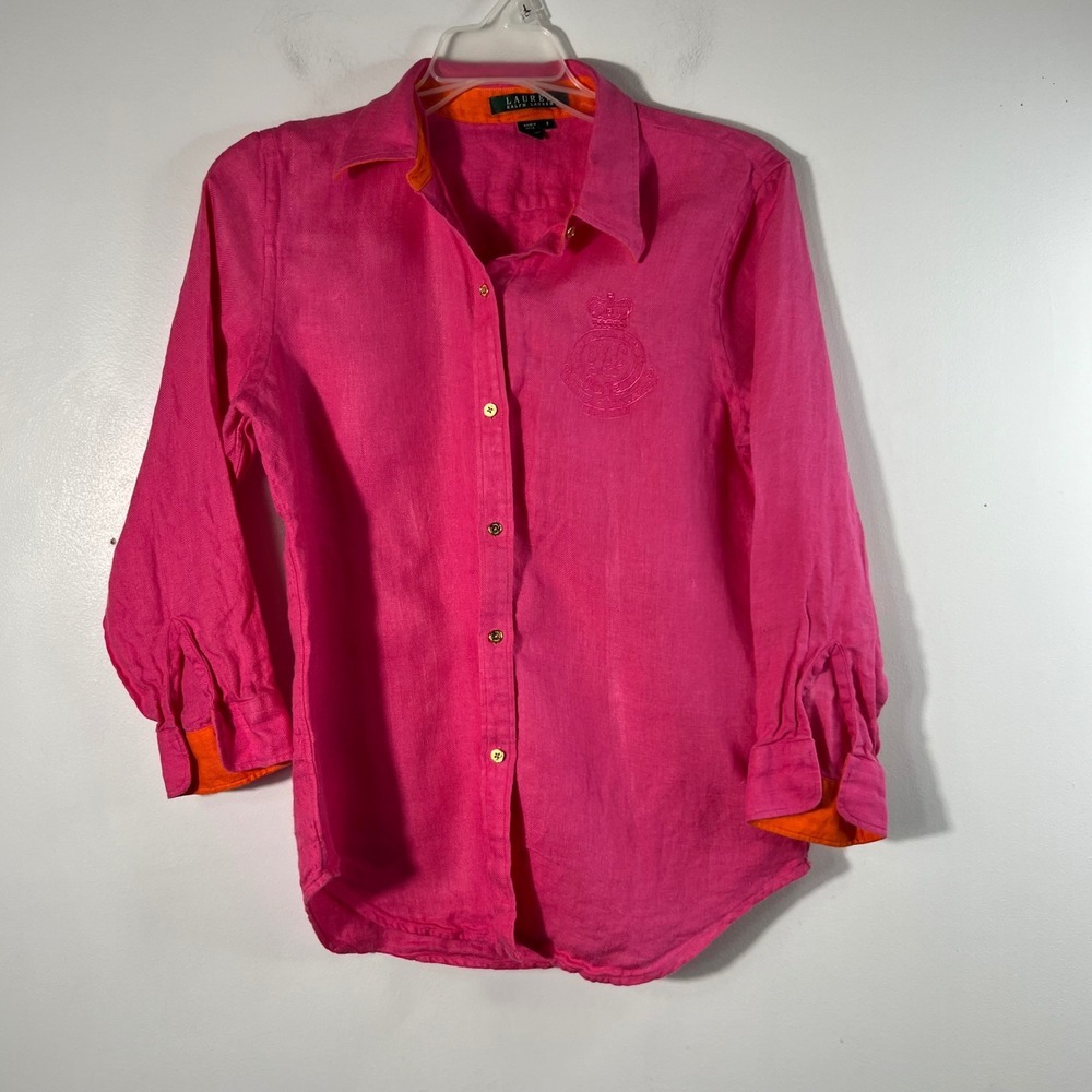 Womens Lauren Ralph Lauren Textured Linen Button Shirt LongSleeve Pink Orange S‎